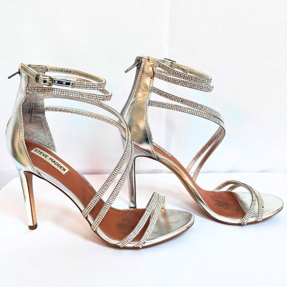 Steve Madden 9M Silver Sparkly Strappy Heels | Rhinestone Stilettos 4.5" - Picture 2 of 10